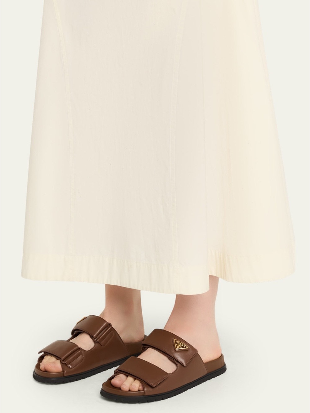 Women’s Luxury Prada Brown Leather Dual-Strap Slide Sandal with Gold Logo - Picture 4 of 14